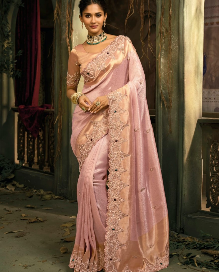 PINK - Blush Pink Handwork Pure Silk Designer Saree